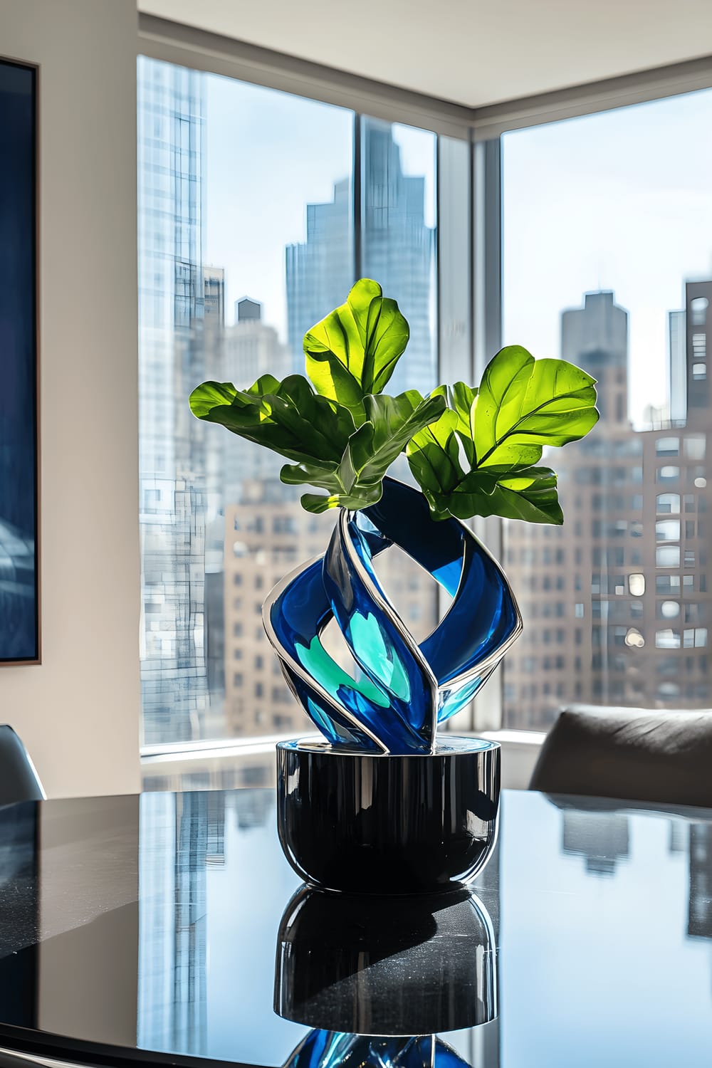 A luxurious penthouse dining room featuring a glossy black dining table. The table holds an abstract, geometric modern art sculpture in cobalt blue and emerald green, sitting next to a potted fiddle leaf fig in a sleek black ceramic pot. Large windows frame the backdrop of a city skyline. The room has deep gray walls, chrome accents, and spotlights that further emphasize the vibrant color of the centerpiece.