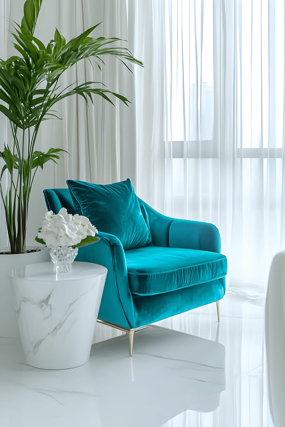 An all-white modern living room with sleek minimalistic furniture of glossy finish. The room is adorned by a vibrant turquoise armchair, white marble side table, glass coffee table, and white metal accents. White silk curtains cover the window, and a monstera plant in a white pot introduces a natural element. The room is multi-lit with a modern chandelier and table lamps casting a soft, ambient light across the room.