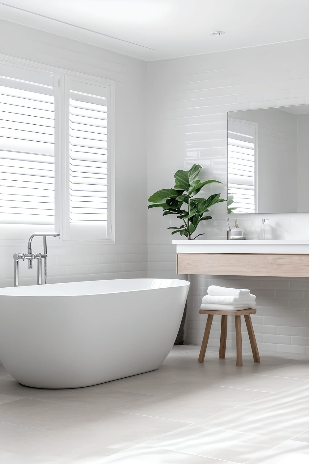 A minimalist bathroom featuring white subway tiles on the walls, a freestanding bathtub, a simple wooden stool, a floating vanity with a large mirror, and a single green plant. The room is filled with natural light, the wood accents give a warm tone and the contained decorative elements create a serene and uncluttered space.