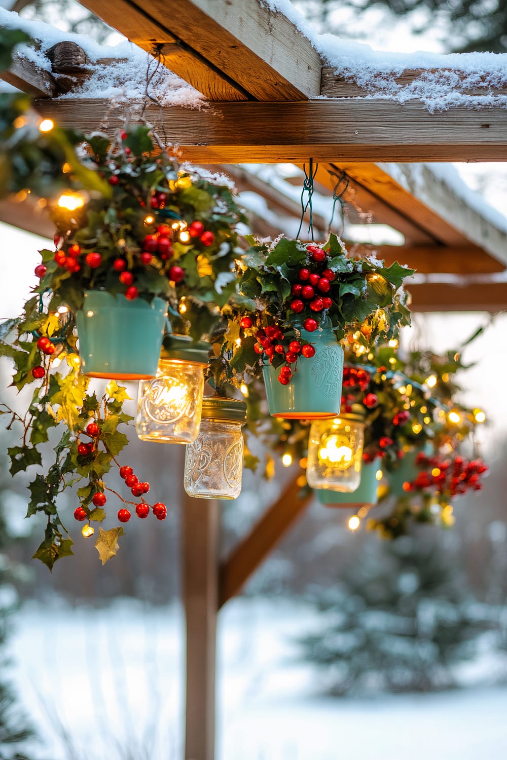 A rustic wooden pergola with hanging mason jar planters filled with trailing ivy and clusters of bright red berries. The jars are painted in pastel colors and are adorned with small pinecones and twinkling fairy lights. Snow gently covers the pergola and the scene is lit by golden hour sunlight filtering through. The ground is snow-covered and evergreen trees are visible in the background.