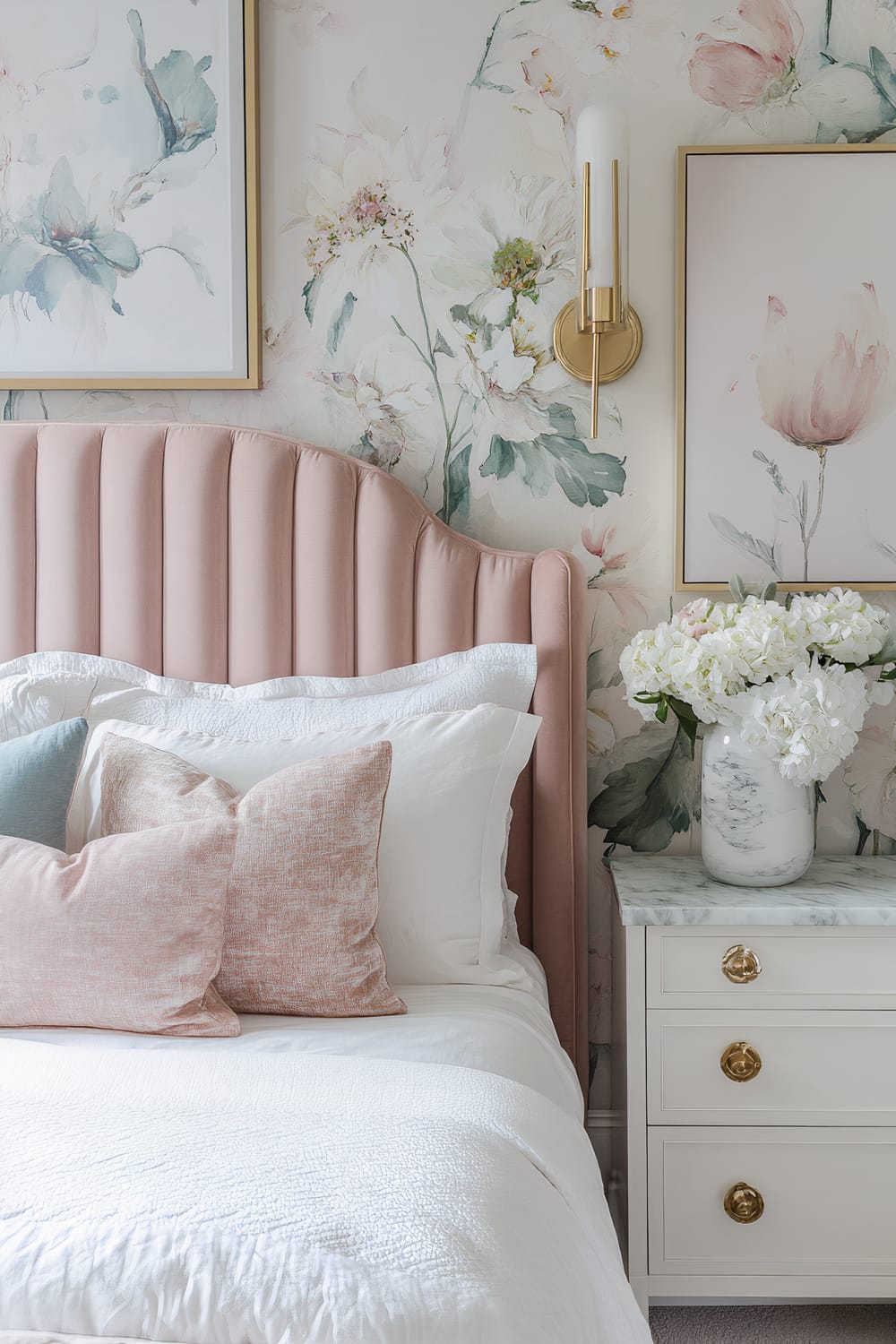 A bedroom setting features a pastel pink, upholstered headboard of a bed with white bedding accented by soft pink and light blue pillows. The backdrop showcases a floral-themed wallpaper with large, watercolor-style flowers in gentle pastel shades. To the right of the bed stands a white bedside cabinet with a marble top, adorned with a vase of white hydrangeas. Above the cabinet are two framed floral art pieces and a sleek, modern wall sconce with a gold finish.