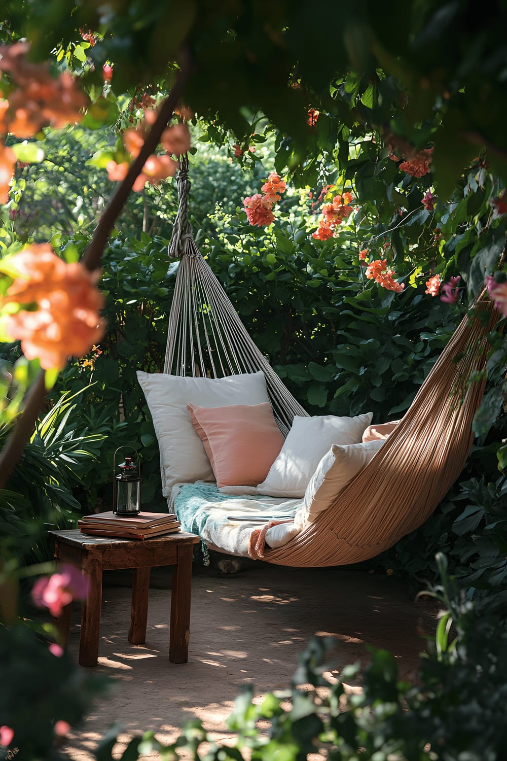 A tranquil corner in a backyard. A hanging hammock chair with soft pastel cushions is the central focus, standing next to a small wooden side table supporting a stack of books and a vintage lantern. The scene is set against a lush green backdrop of blooming flowers and towering plants, bathed in a soft morning light.