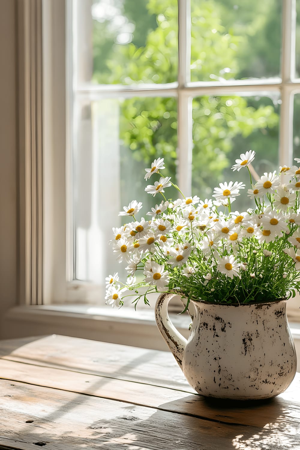 An old enamel teapot repurposed as a planter with white daisies sits in soft afternoon sunlight on a distressed farmhouse dining table, next to an open window.