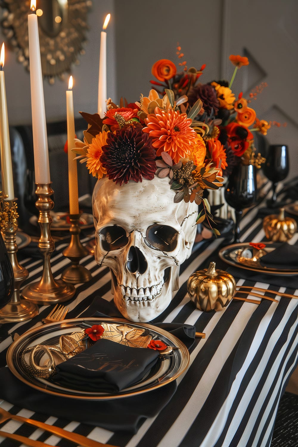 A Halloween-themed dining table is adorned with a large skull centerpiece filled with vibrant orange and dark red flowers. Tall white candles on golden candle holders are arranged along the table, casting a warm glow. The tablecloth features black and white stripes, complemented by black plates with gold-rimmed borders and golden utensils. Small metallic pumpkins serve as additional decorations.