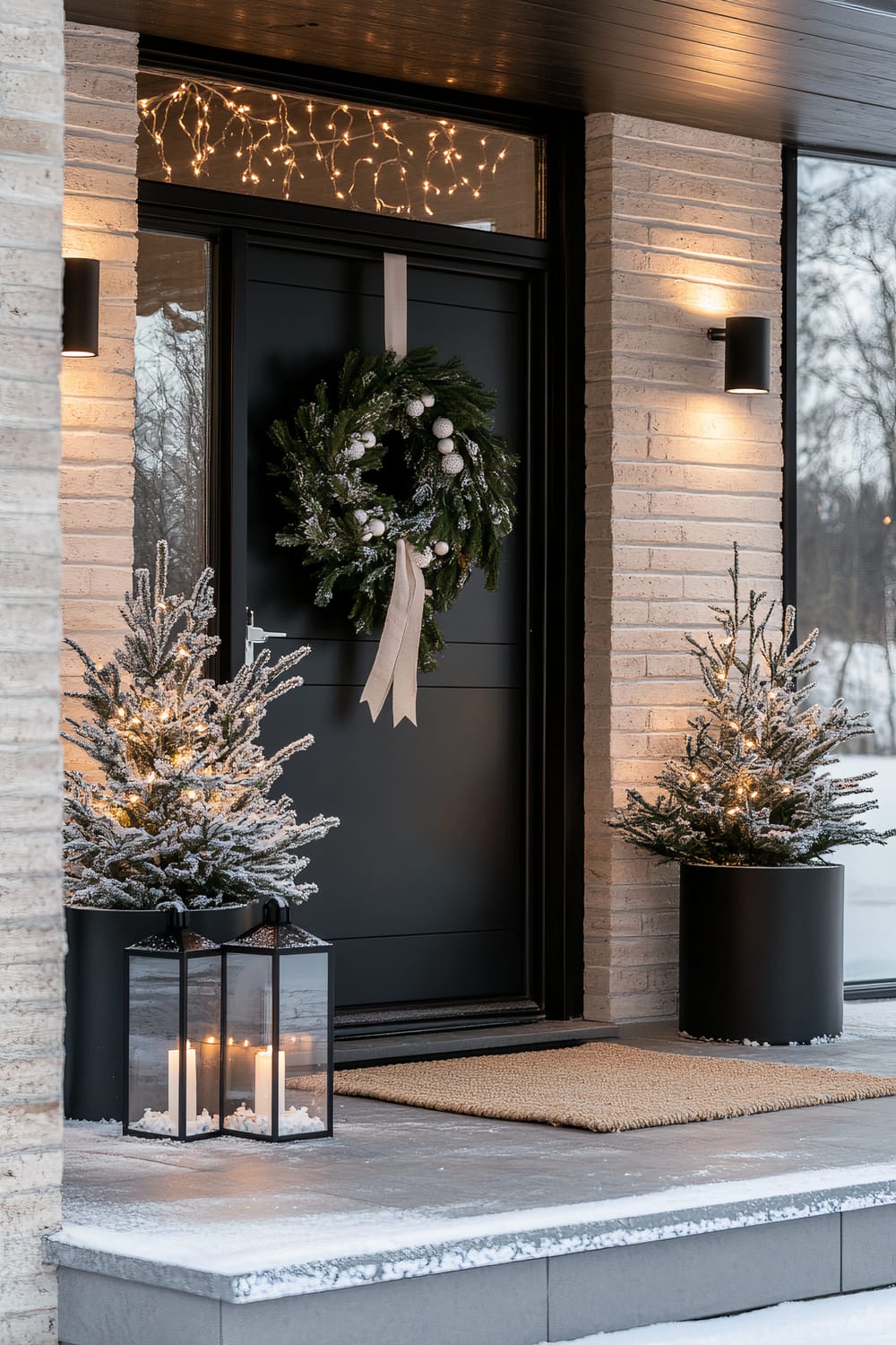 A minimalist winter-themed Christmas front porch with a matte black door, featuring a simple wreath of frosted greenery and white berries hung with a neutral linen ribbon. Two planters with tall, slim birch branches and small evergreens, dusted with snow, are positioned on either side of the door, with white string lights wrapped around the branches. A natural woven doormat with a subtle holiday message and two sleek black lanterns with candles are placed in front of the door.