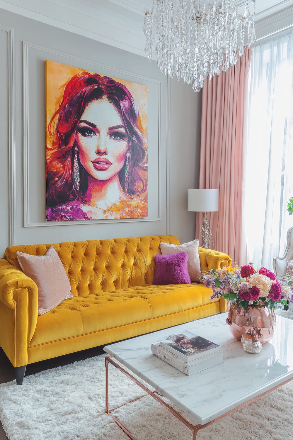 An elegant living room features a mustard yellow velvet sofa with blush pink and magenta pillows. Above the sofa hangs a vibrant painting of a woman with red and purple tones. A marble coffee table with rose gold legs is placed on a plush cream rug, adorned with a bouquet of colorful flowers and a magazine. The room has blush pink curtains, pale gray walls, and a crystal chandelier adding to the bright and warm ambiance.