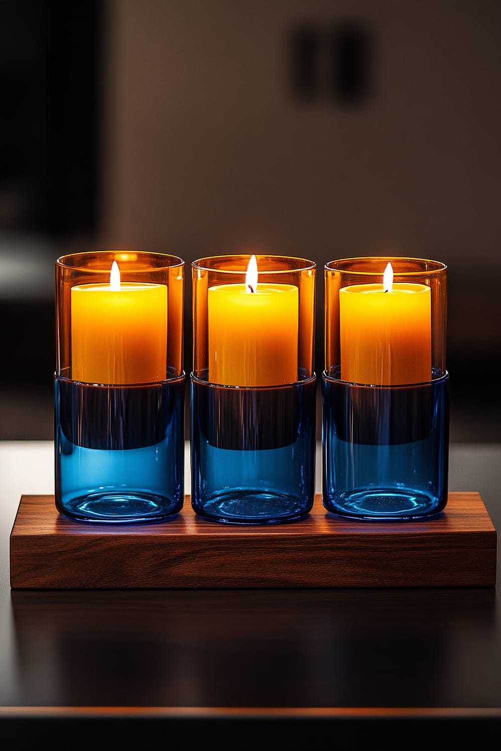 Three amber-colored candles are arranged in a row, each housed in cobalt blue glass holders. These candle holders are set on a dark wood base, creating a striking display with warm and cool color contrasts. The candles are lit, with each flame casting a soft glow.