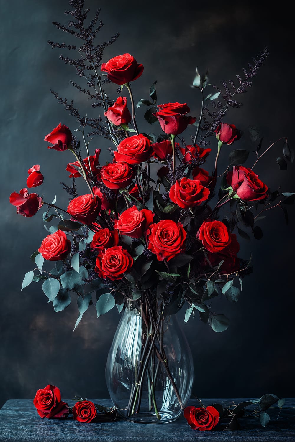 A striking floral arrangement of bright red roses paired with dark foliage is displayed in a transparent glass vase. The roses' vivid red petals contrast sharply against the deep green and black leaves. The ensemble is set against a dark, moody background, accentuating the intense lighting on the vibrant flowers.