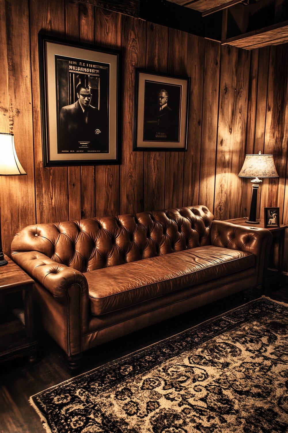 A vintage-themed pole barn loft with a nostalgic ambiance featuring a classic tufted leather sofa positioned against a wooden paneled wall. Above the sofa hang two framed black-and-white photos. To the left, there is an antique wooden side table with a vintage lamp, while to the right, another side table with a different vintage lamp is visible. An intricate retro rug covers the floor, enhancing the warm sepia-toned theme.