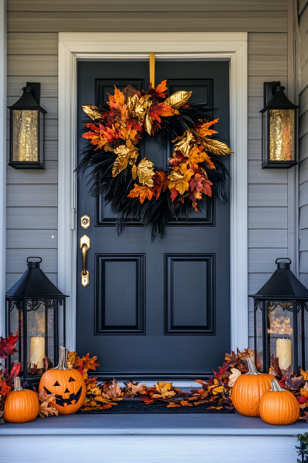 A front porch decorated for autumn, featuring a dark gray door adorned with a wreath comprised of golden and orange leaves, alongside black feathers. Two tall black lanterns holding candles flank the door on either side. The steps leading up to the door are embellished with a garland of mixed fall leaves, and three pumpkins sit at the base, one of them carved with a traditional jack-o'-lantern face.