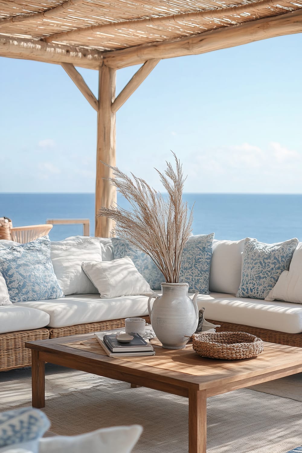 A beach-themed outdoor seating area featuring a wicker couch with white cushions and blue patterned throw pillows. A wooden coffee table stands in front, adorned with a white ceramic vase containing dried pampas grass, a woven basket, two books, and a cup with a saucer. The area is sheltered by a pergola made of natural wooden beams and reeds, and offers a serene view of the ocean under a bright, clear sky.