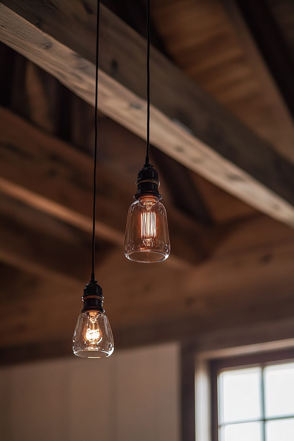 View upward from a loft floor revealing exposed wooden beams and two hanging Edison bulbs casting soft, natural light.