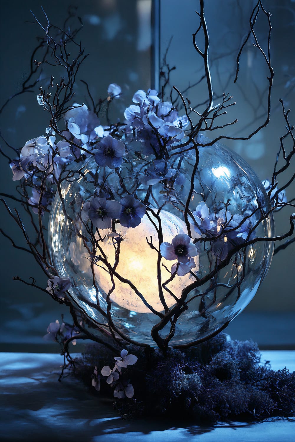 An artistic centerpiece featuring a delicate glass orb encased in intertwined branches and blooming midnight flowers. The piece is highlighted by ethereal backlighting, creating a mystical effect with soft, glowing light shining through the clear glass orb and illuminating the surrounding flowers and foliage.