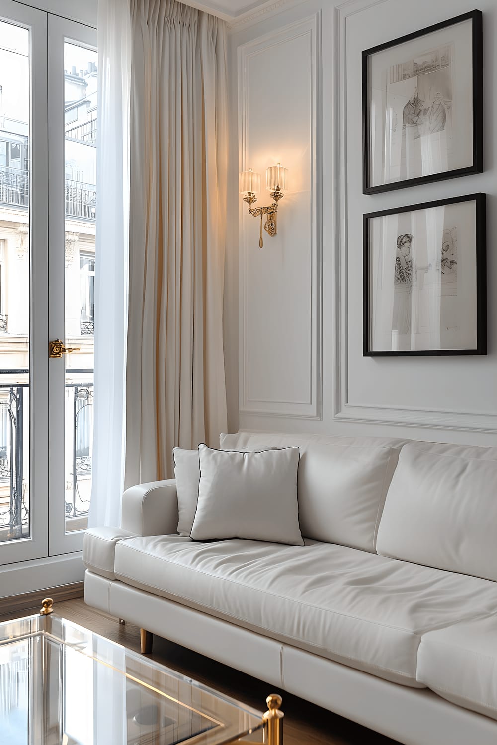 A high-end living room in a South Kensington flat featuring a plush white sofa, a rectangular glass coffee table with golden accents, and black-and-white photographs on the white wall. A pair of ornate wall sconces hang on either side of a large window with elegantly draped curtains, flooding the room with soft natural lighting.