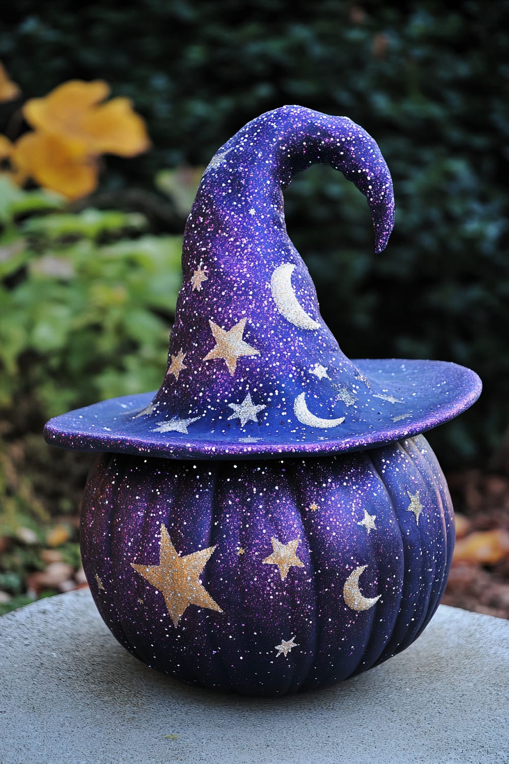 A decorative pumpkin painted in a dark purple hue with a starry night theme. The pumpkin features gold stars and crescent moons scattered across its surface. Atop the pumpkin sits a matching pointed witch's hat, decorated with similar star and moon patterns, curving whimsically.