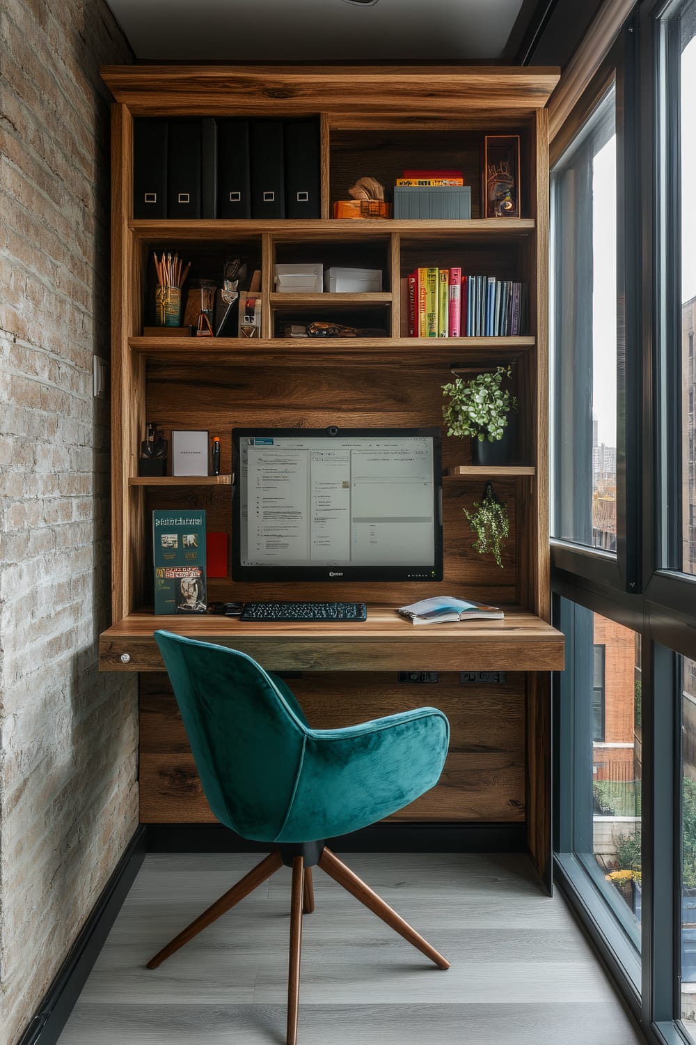 A compact home office with a modern, minimalist design. The space features a wooden desk integrated into a wooden shelving unit, which maximizes vertical storage and functionality. The desk holds a computer monitor, keyboard, and some books, while the shelves are neatly organized with books, files, small potted plants, and various office supplies. A teal upholstered chair with wooden legs complements the wooden desk and shelving unit. The workspace is set against a backdrop of a light-colored brick wall on the left and large windows on the right, allowing ample natural light to illuminate the room. Outside the windows, a cityscape is partially visible.