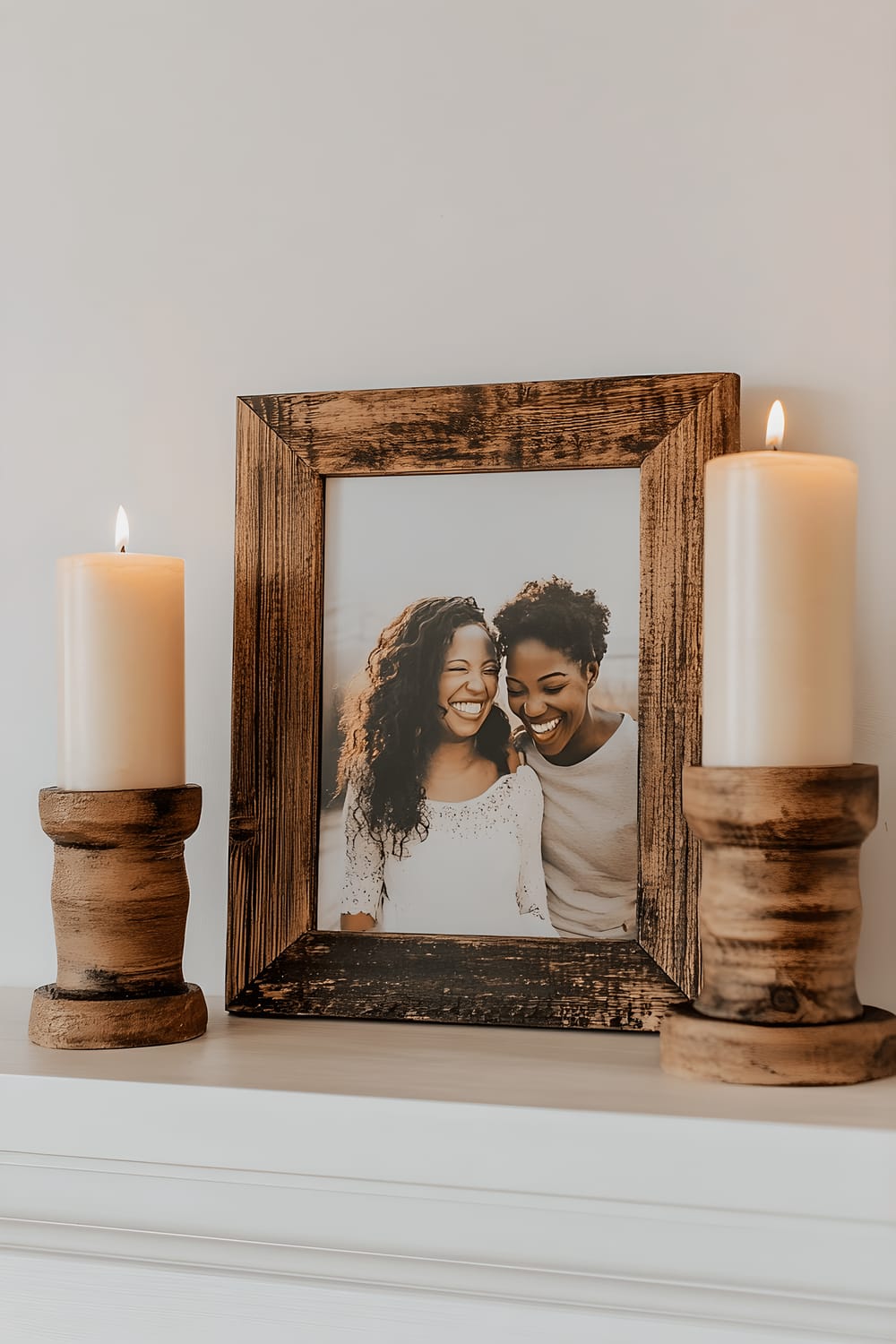 A wooden mantel displays a color photograph of a laughing couple in a distressed wooden frame. Flanking the frame are two pillar candles with warm light in wooden holders, highlighting the texture of the distressed wood.