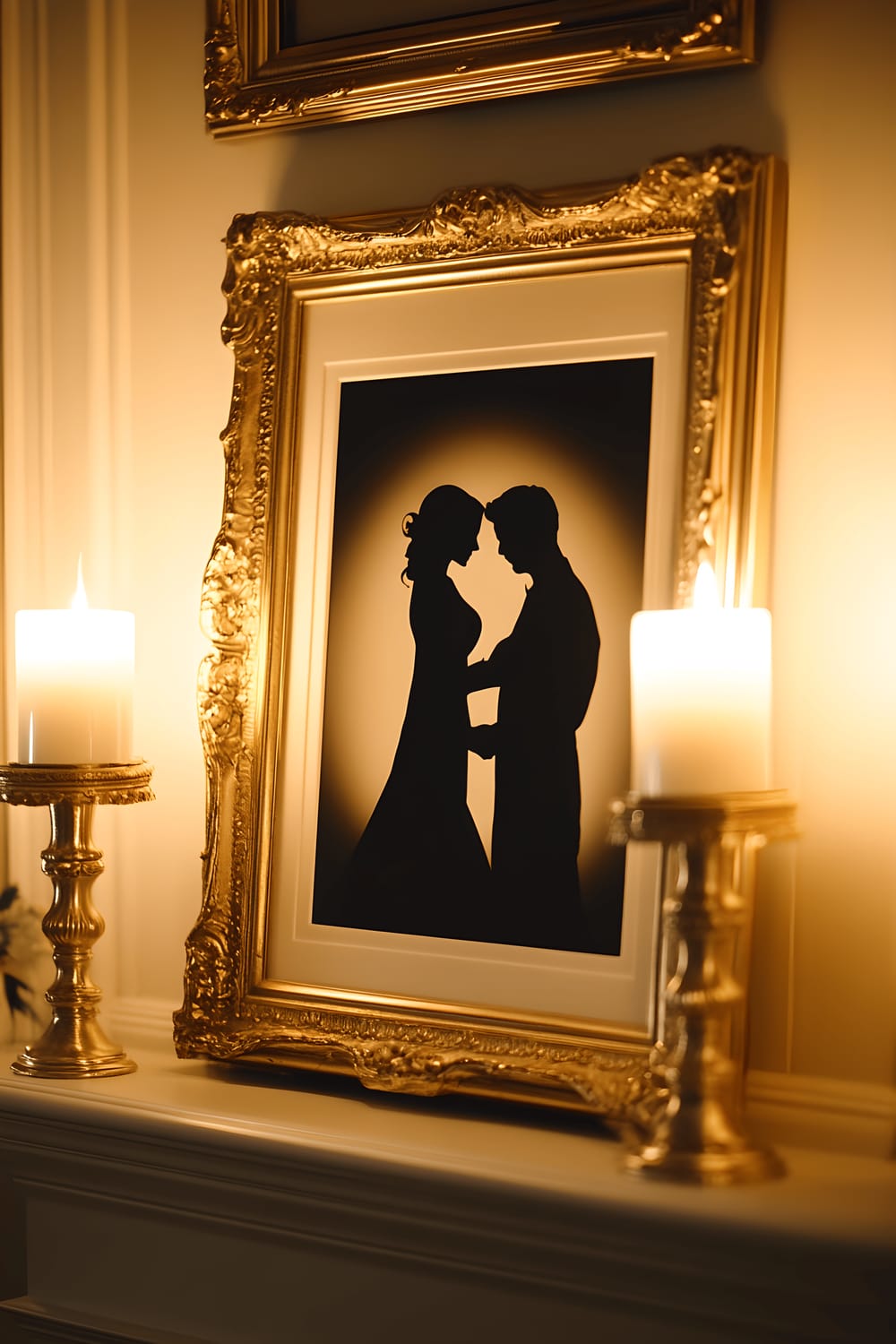 A cream mantel displays a large gold ornate frame holding a black-and-white silhouette image of an embracing couple. Two identical gold candle holders with lit white candles are symmetrically placed on either side of the frame, casting a warm light that highlights the intricate details of the frame and silhouette.