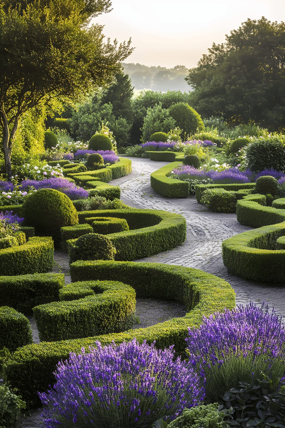 A meticulously maintained English garden with manicured boxwood hedges, a winding stone pathway, and symmetrically positioned flower beds filled with lavender and peonies.