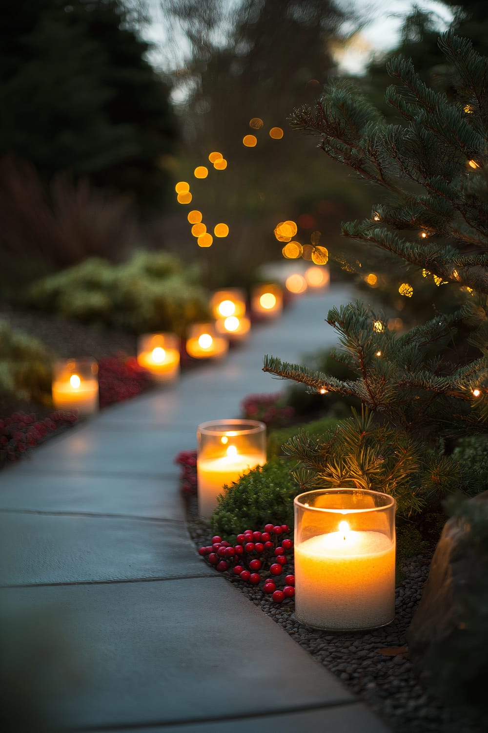 A winding garden path illuminated by a series of glowing candles placed in glass holders. Soft bokeh lighting in the background adds a magical feel, while small red berries and evergreen shrubs line the pathway, creating a warm and inviting atmosphere.