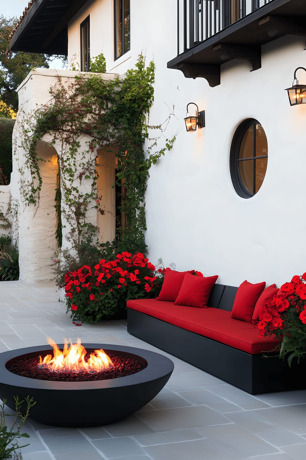 A modern patio featuring a matte black outdoor sofa with deep cherry-red cushions and planters with blooming flowers in the same hue against white stucco walls. A circular stone fire pit sits in the center, reflecting the red theme, all bathed in the golden hour light.