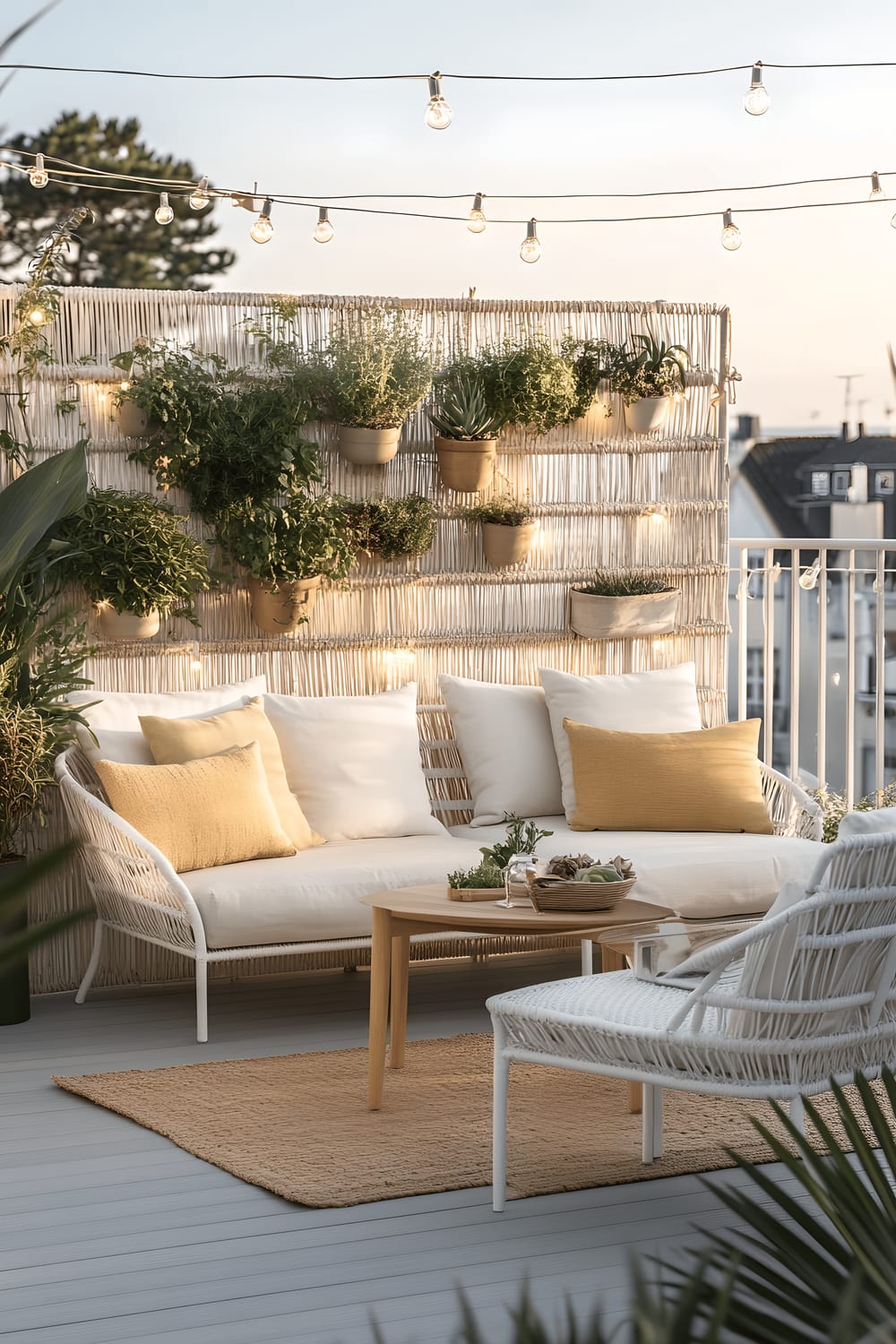 A chic outdoor lounge area on a Copenhagen balcony featuring light gray decking, a pair of white wicker lounge chairs with pastel yellow cushions, a small round teak coffee table, a bamboo umbrella, a vertical garden with neatly arranged potted herbs and succulents. Warm white string lights provide a gentle glow and a stylish neutral rug anchors the setting.