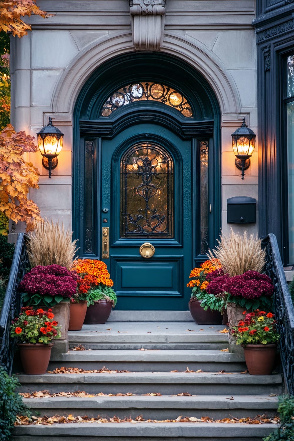 A grand entrance of a house featuring a stunning wooden door painted in a deep teal color with elaborate glass paneling and ornate metalwork. The door is flanked by two vintage-style wall lanterns illuminated with warm light. The stone steps leading to the entrance are adorned with colorful potted flowers and plants, including mums and ornamental grasses, adding a vibrant touch to the scene. Autumn leaves are scattered on the steps and ground, enhancing the fall atmosphere.