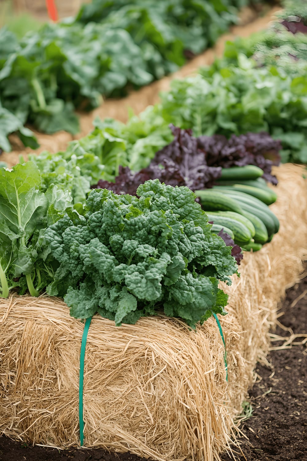 A lush backyard garden set up with straw bales arranged neatly in rows. The straw bales act as planters for the verdant Swiss chard, kale, and cucumber plants that grow abundantly from them.