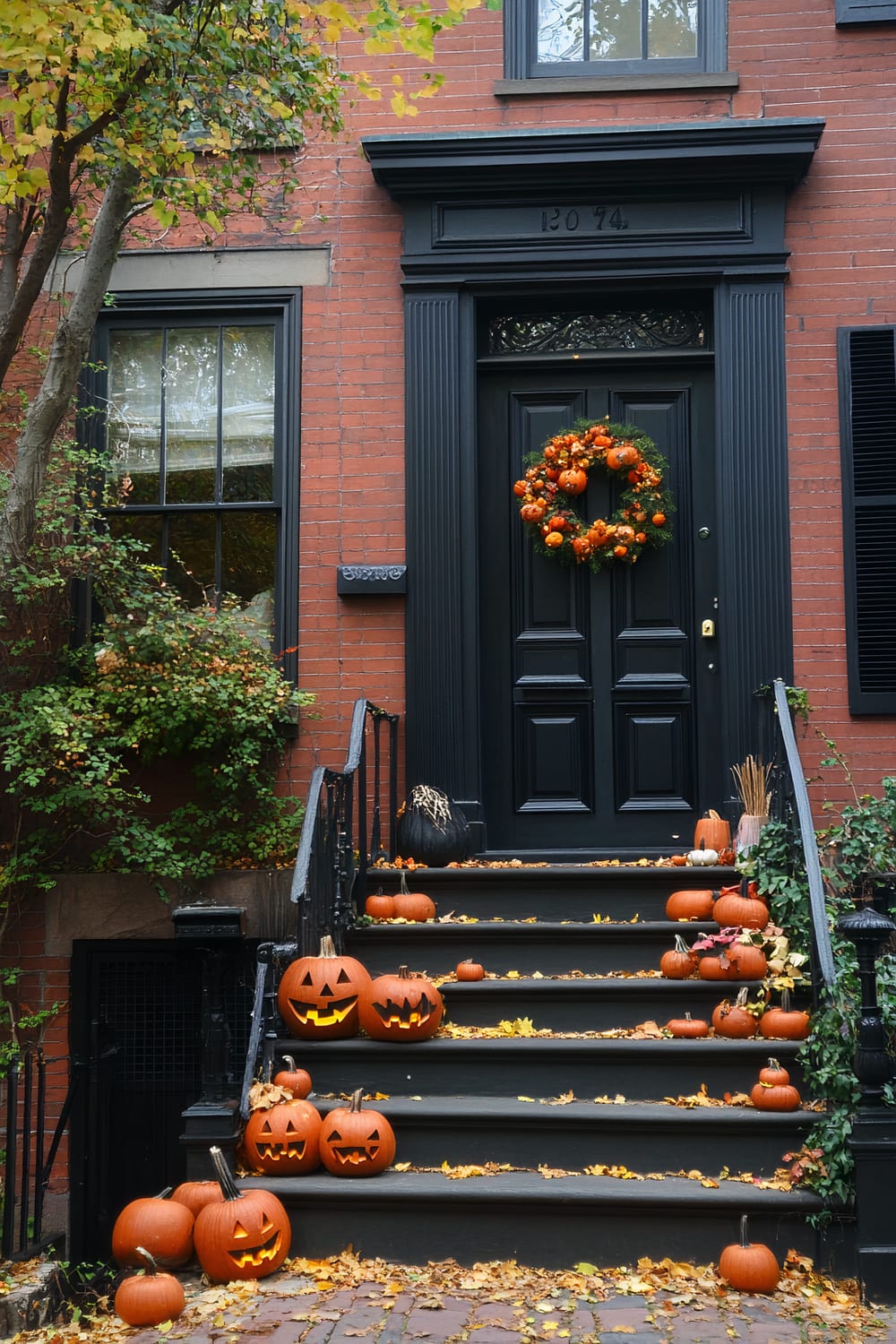 A townhouse front entryway adorned for Halloween. The door, painted black, is decorated with an autumnal wreath made of pumpkins and greenery. The steps leading up to the door are lined with numerous jack-o'-lanterns of varying sizes, some illuminated, along with fall leaves. The brick building has black trim and shutters, and there are shrubs and trees with vibrant autumn leaves framing the scene.