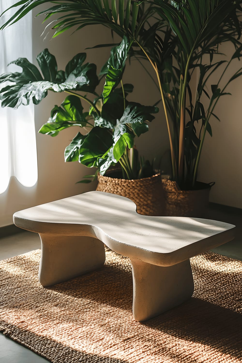 A close-up shot of a DIY concrete coffee table with a unique, organic shape. The table is situated on a textured jute rug, with afternoon sunlight casting long, graceful shadows across the surface from large indoor plants nearby.