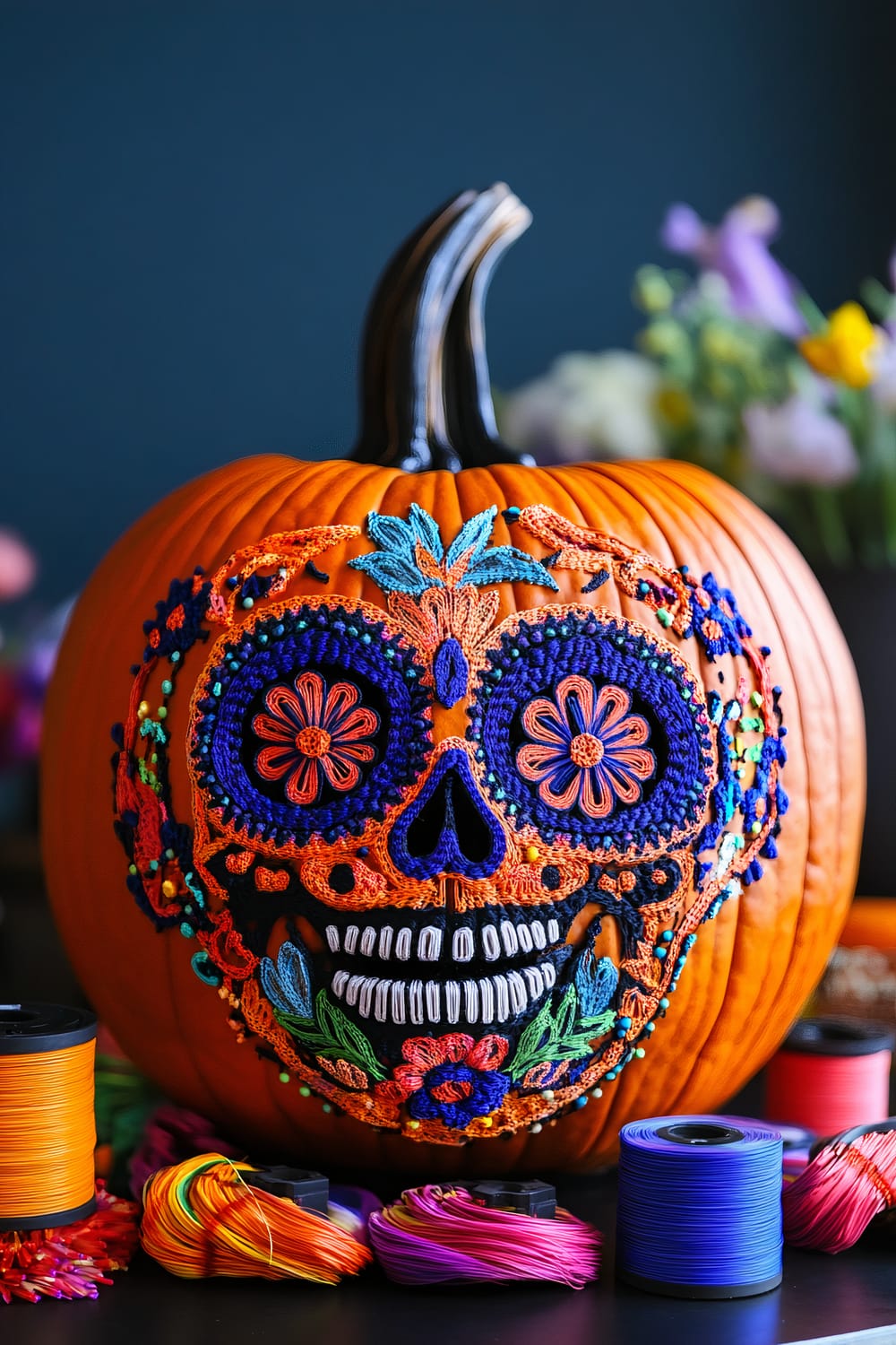 A vividly decorated pumpkin features a colorful, embroidery-inspired sugar skull design with intricate floral and geometric patterns in bright hues of orange, blue, and red. Surrounding the pumpkin are spools of matching colorful threads, hinting at a handcrafted artistic process. The background is slightly blurred with hints of flowers and a dark wall, emphasizing the festive spirit.