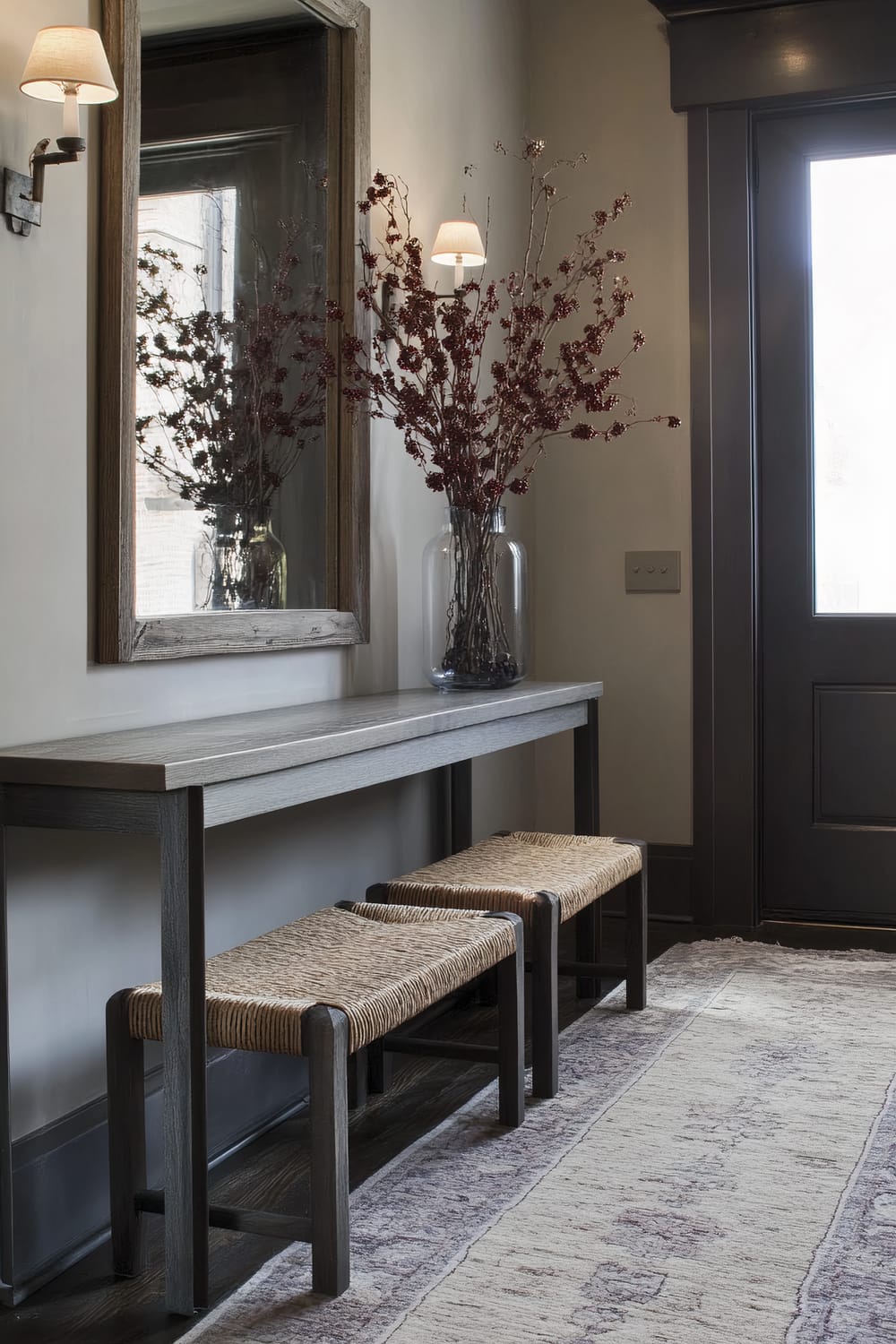 An elegant, minimalist entryway with a sleek, dark-stained wooden console table beneath a large mirror. Above the table is a clear vase holding tall, dried branches with burgundy berries. Two woven straw stools with dark wood frames are placed under the table. The wall above the table features a wall sconce with a white shade, and an area rug with a subtle pattern covers the floor, leading to a dark wooden door with a large glass pane.