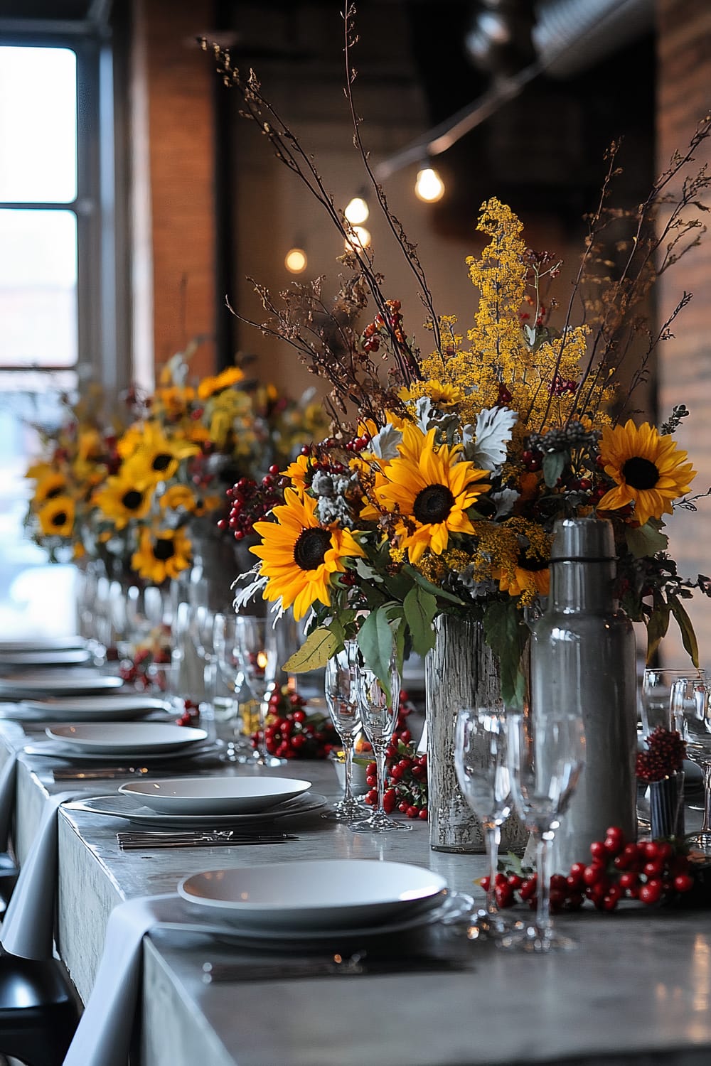 An elegantly set dining table with multiple floral centerpieces featuring sunflowers, red berries, and greenery in rustic vases. The table is dressed with white tableware and wine glasses, while small berries are placed along the center. Warm hanging lights and a brick wall in the background complement the cozy, chic atmosphere.