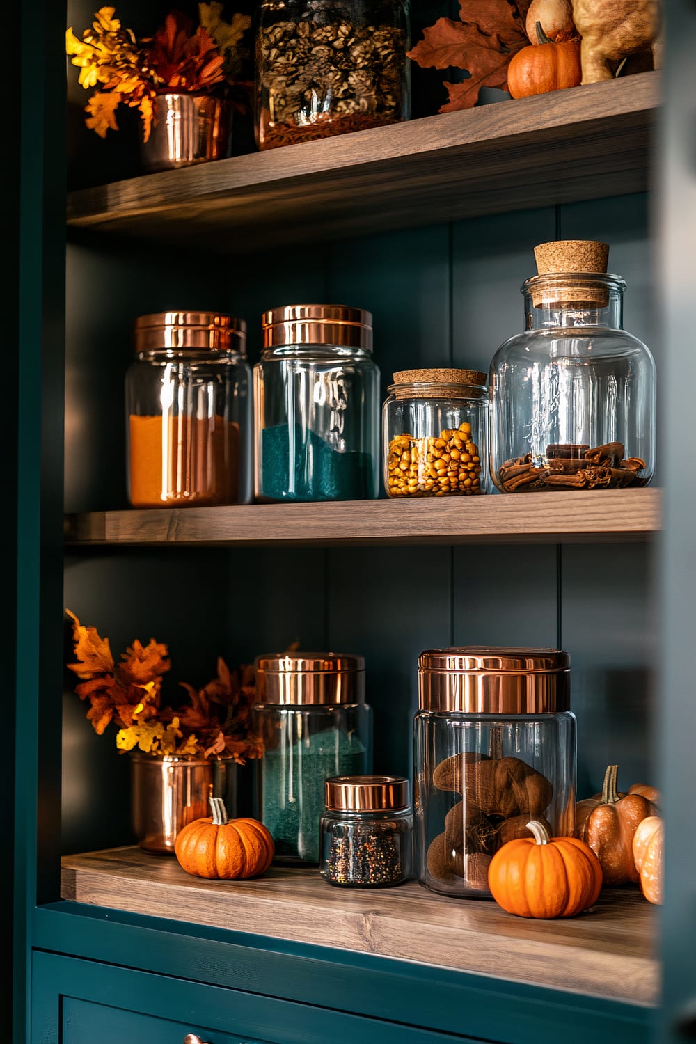 Stylish pantry decorated for Thanksgiving, featuring neatly arranged glass jars with autumn spices, vintage copper canisters, teal and mustard storage containers, a wooden shelf with small decorative pumpkins and fall foliage, and soft warm lighting enhancing the rich colors.