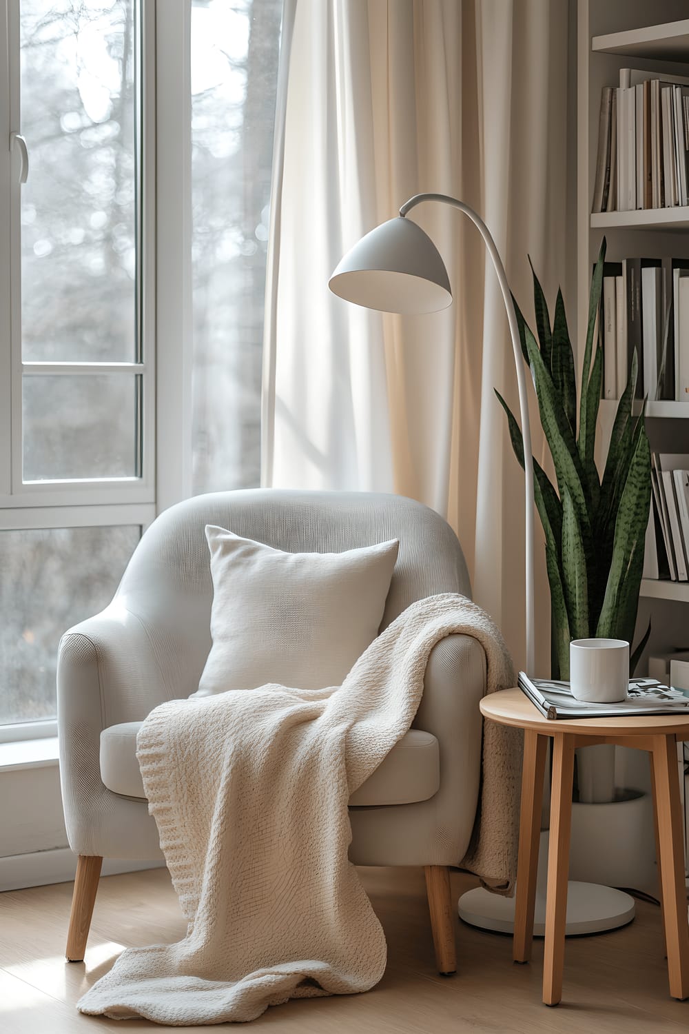 A corner of a room showcasing a comfortable oversized light gray armchair draped with a beige textured throw. A sleek white floor lamp with a curved overhang provides light. A small, round wooden side table is adorned with a stack of design magazines and a white ceramic mug. A slender, tall bookshelf filled with organized books and housing a small potted snake plant is beside the chair. The space is illuminated with the abundance of natural light coming through the large windows.