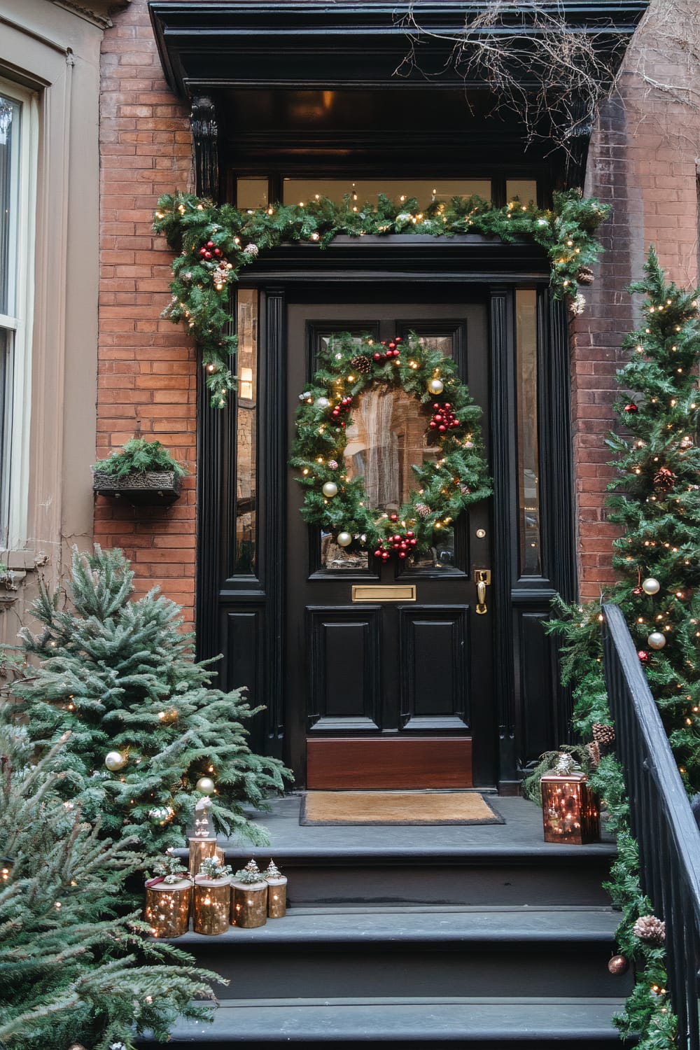 A festive townhouse entrance decorated for the holiday season. A black door is adorned with a large Christmas wreath featuring greenery, red berries, and gold ornaments. Above the door and around the railing, garlands with similar decorations and lights frame the entrance. Small evergreen trees adorned with lights and ornaments are placed on either side of the stairs. At the foot of the stairs, several golden lanterns and decorative glass jars with miniature Christmas trees add a warm glow to the scene.