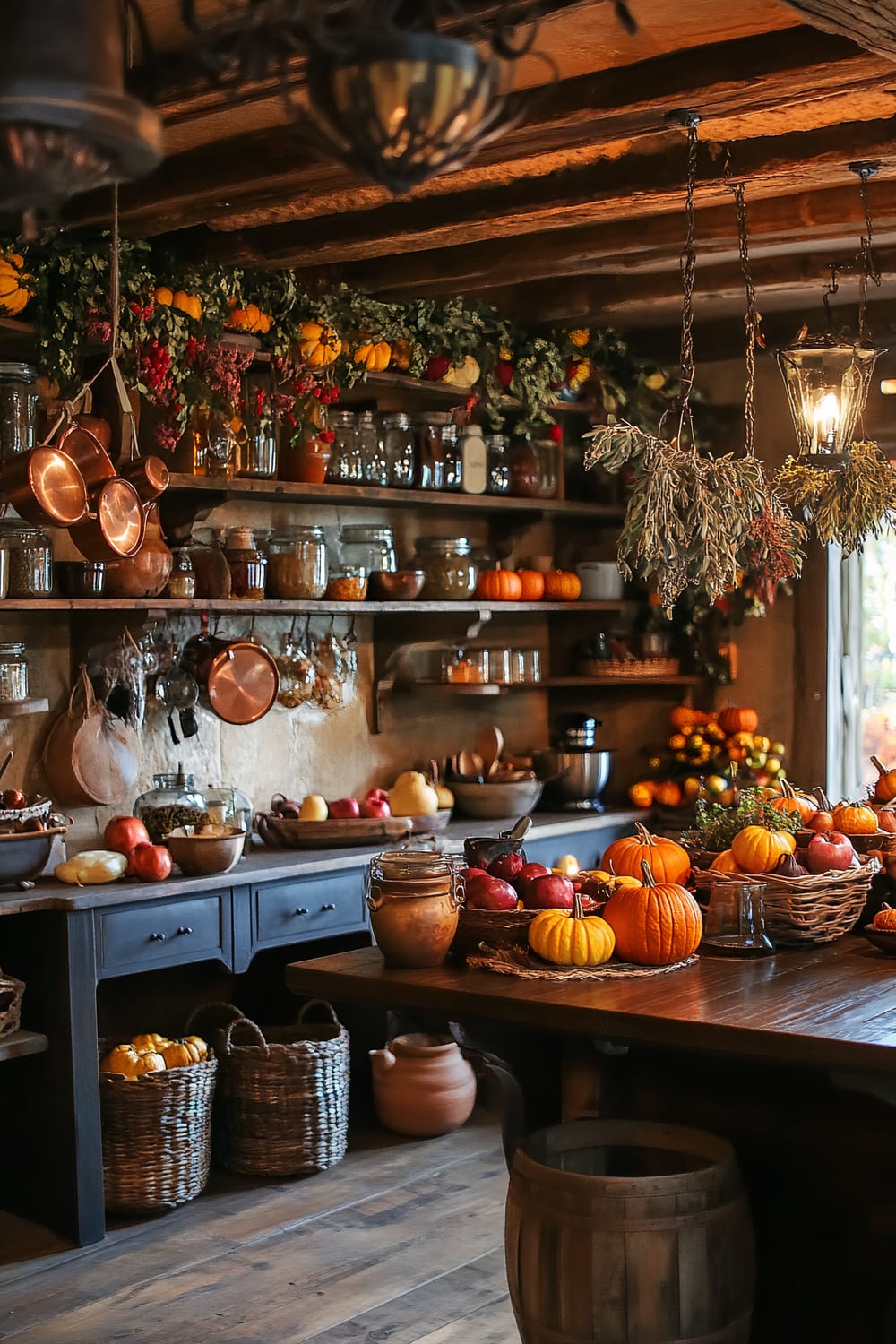 Rustic kitchen interior with wooden shelves filled with glass jars, copper pots, and various gourds. A wooden counter holds baskets of pumpkins and apples, while greenery and dried herbs hang from the ceiling. A lantern light fixture illuminates the space.