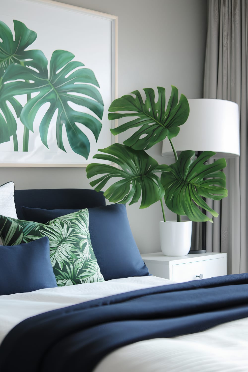 A contemporary bedroom featuring a navy blue upholstered bed with white and green botanical-patterned pillows. The room includes light grey walls, a large botanical print above the bed, and a white nightstand with a black lamp and a large green Monstera plant in a white pot.