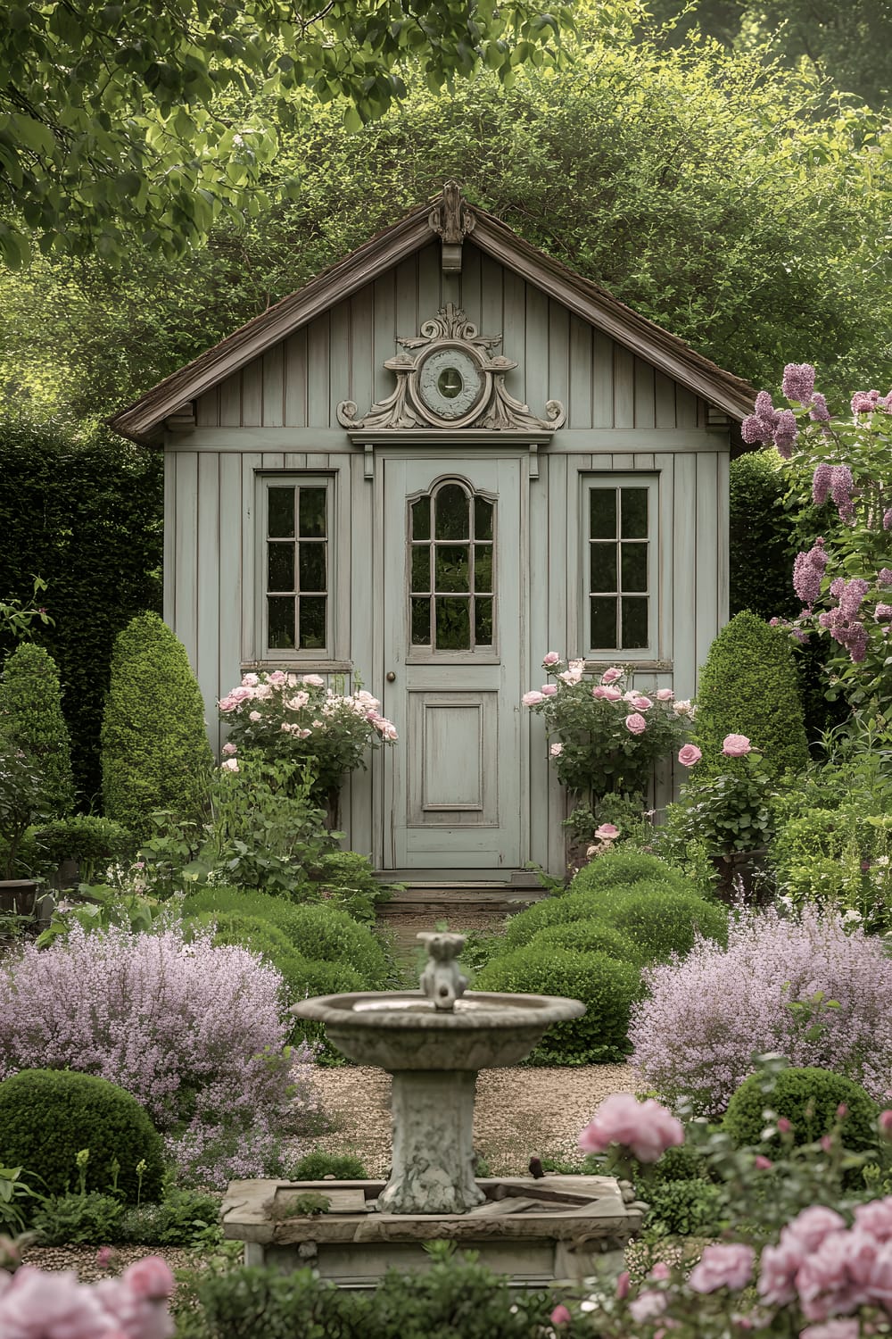 A quaint garden shed painted in soft pastels stands amid a meticulously landscaped formal garden. The shed exudes a subtle Baroque aesthetic, adorned with artistic wooden trim. The garden, bathed in warm late afternoon sunlight, hosts symmetrical topiaries, elegant rose and lilac beds, and a grand stone fountain positioned slightly off-centre. The overall image emanates a feeling of serene refinement.