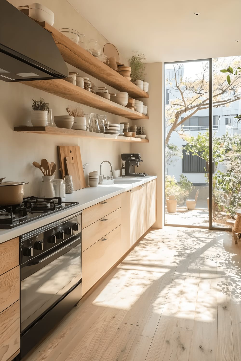 A bright and clean Tokyo apartment kitchen, dominated by a minimalist design. White wooden open shelves exhibit neatly arranged ceramic dishes and glassware. A modern black stove contrasts the white minimalistic cabinetry. A large window allows ample natural light to flood the space, highlighting its neat organization and clean lines.