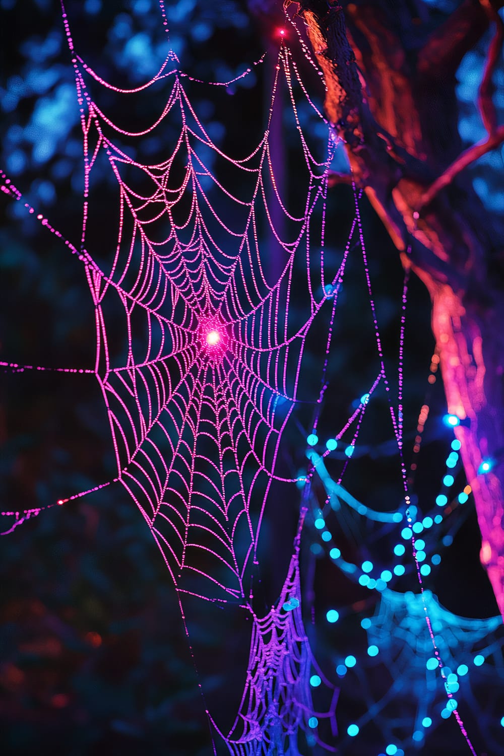 An intricate Halloween decoration featuring large spider webs illuminated by neon pink and electric blue glowing dewdrops. The webs are stretched between dark tree branches, with the vibrant colors of the dewdrops contrasting against the dark backdrop.