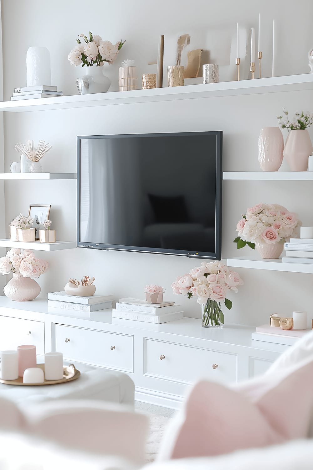 A feminine TV wall decorated in soft blush pink and crisp white. The wall features a mounted flat-screen TV, surrounded by floating white shelves adorned with blush decor items such as rose quartz vases and blush-toned candles. Soft lighting from miniature blush lamps add a warm and inviting glow to the room.