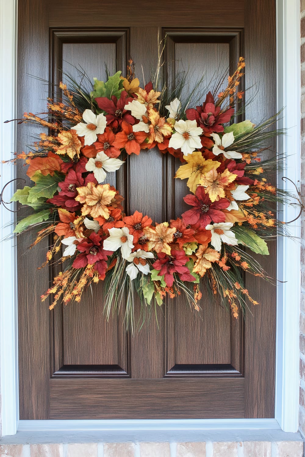 An ornate autumn wreath hangs on a wooden door. The wreath is composed of red, orange, yellow, and white flowers, complemented by green and yellow leaves, and sprigs of grass and berries. The door has a rich, dark brown hue with rectangular panels, framed by white trim and adjacent bricks.