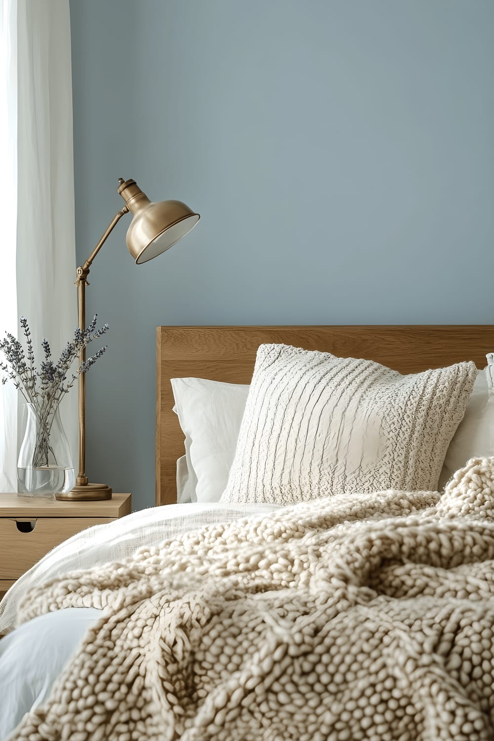 A serene bedroom portrayed with soft pastel blue walls and a plush cream duvet cover etched with subtle Nordic patterns. A beige, chunky knit throw is casually strewn over a spare, minimalist wooden bedframe. To its side, on a simple bedside table, a brass vintage-style lamp with a linen shade emits a gentle, warm glow. A single sprig of lavender, resting in a clean, clear vase, adds a touch of nature's simplicity. Through the window, sheer white curtains softly diffuse the light of a morning sun.