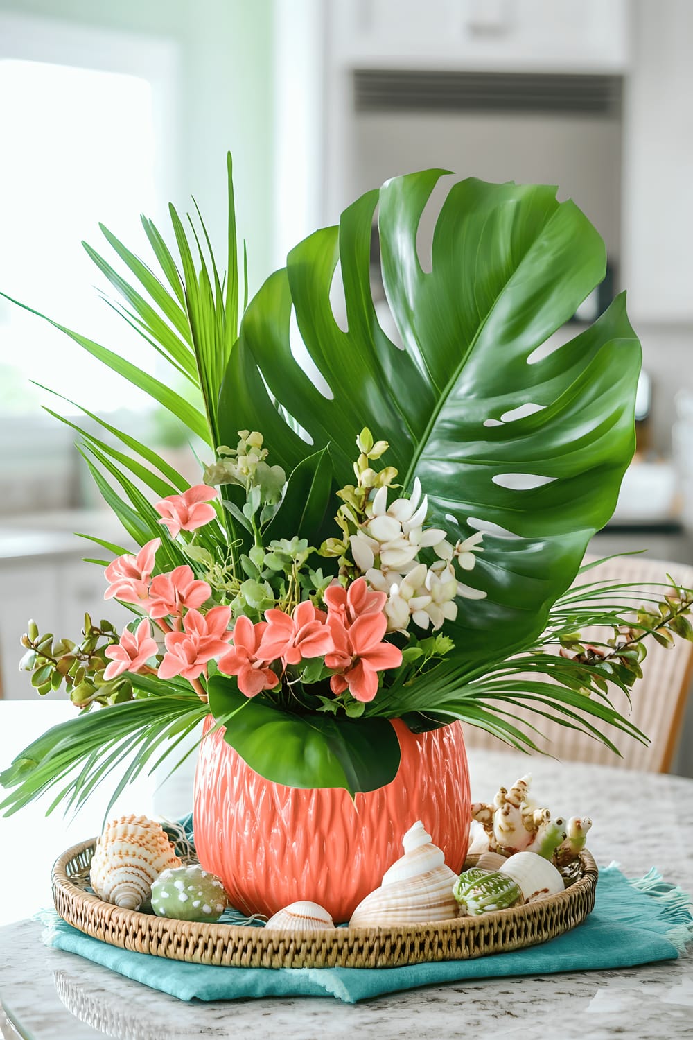 A lively tropical themed centerpiece on a kitchen countertop, featuring a large green monstera leaf arrangement in a bright coral vase, surrounded by smaller tropical plants like orchids and bromeliads. The arrangement is decorated with sea shells and small bamboo accents and sits on a rattan tray with a hint of turquoise fabric peeping out from under the tray. The scene is brightly-lit by natural daylight.