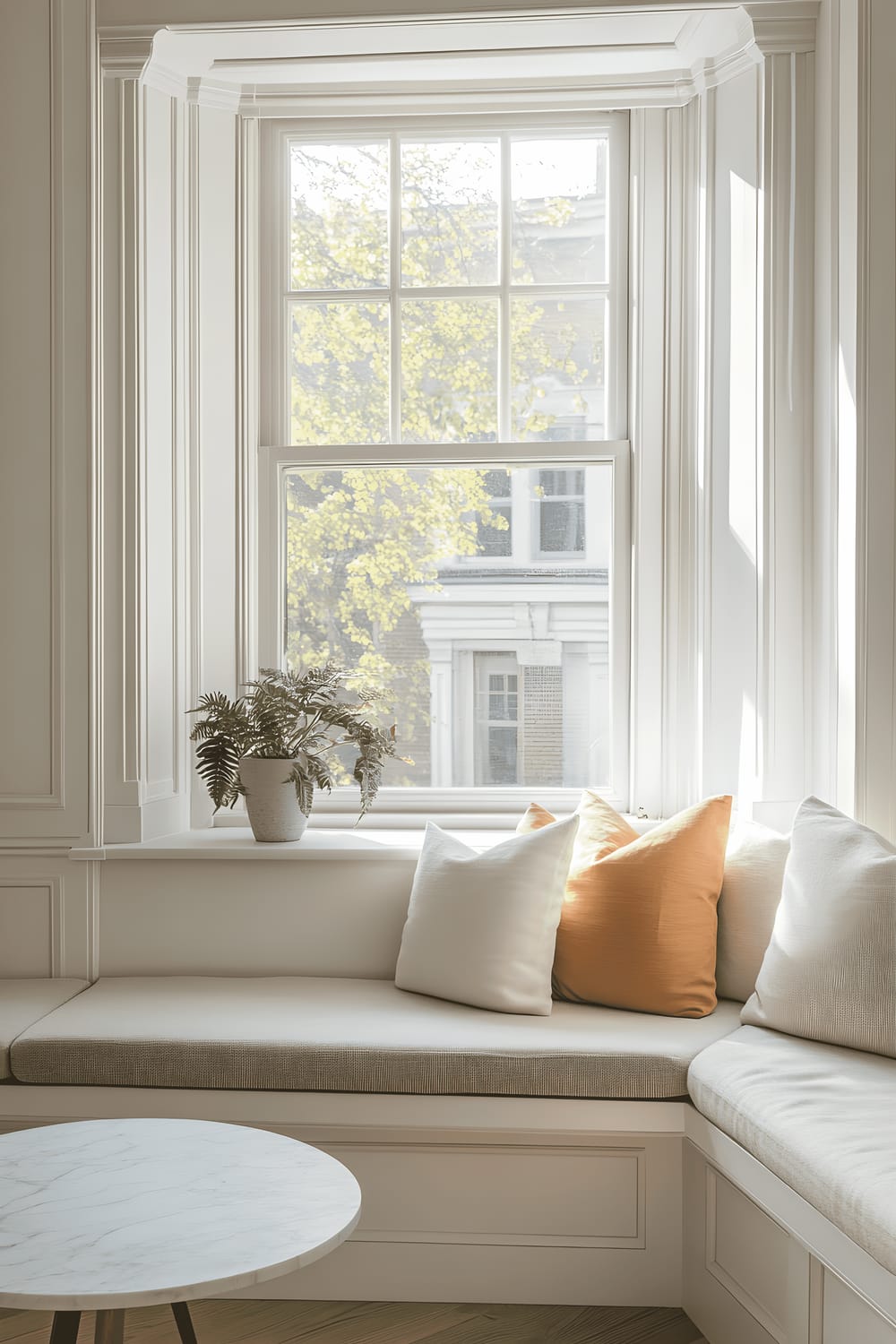 A minimalist living room bathed in diffused light, centered around a large bay window. The window features built-in seating adorned with pastel cushions. Beside, a small round marble side table and a delicate Maidenhair Fern sitting on the adjacent windowsill augment the simplistic decor.