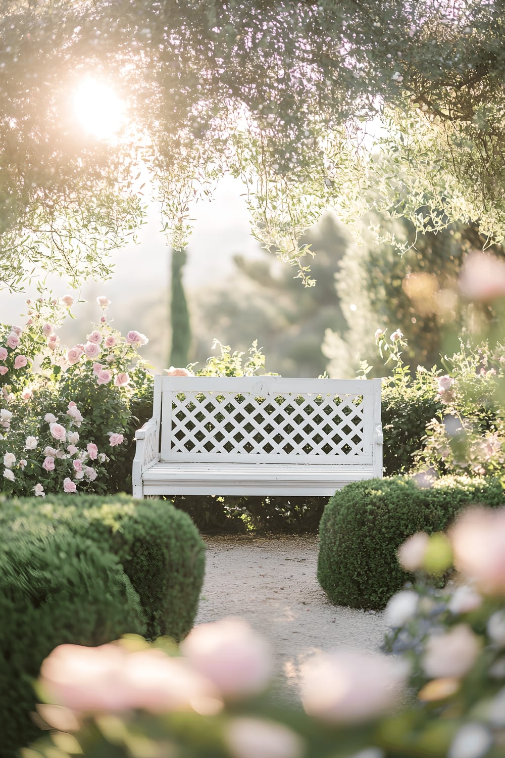 A tranquil garden scene featuring a white trellis bench, surrounded by sculpted boxwoods, various hues of lavender, and soft pastel roses. The garden is lit by dappled sunlight filtering through the nearby trees, creating a sense of serene seclusion.