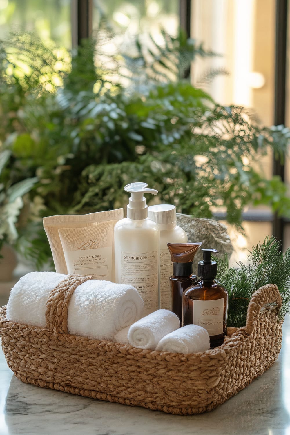 A woven basket rests on a marble countertop, containing an assortment of aesthetically pleasing bath products. It includes neatly rolled white towels, lotion in a clear pump bottle, creams in squeezable tubes, and amber bottles with black pump tops. In the background, lush greenery captured through a window adds a fresh, natural ambiance to the scene.