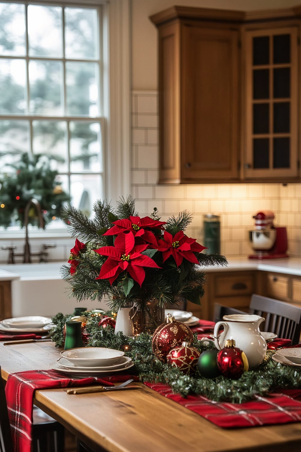 A cozy kitchen decorated for the holidays with wooden cabinetry, a white subway tile backsplash, and a wooden farmhouse table adorned with red and green holiday linens, ceramic ornaments, and a poinsettia centerpiece in a rustic vase. Large windows allow soft, natural light to fill the space, enhancing the festive atmosphere.