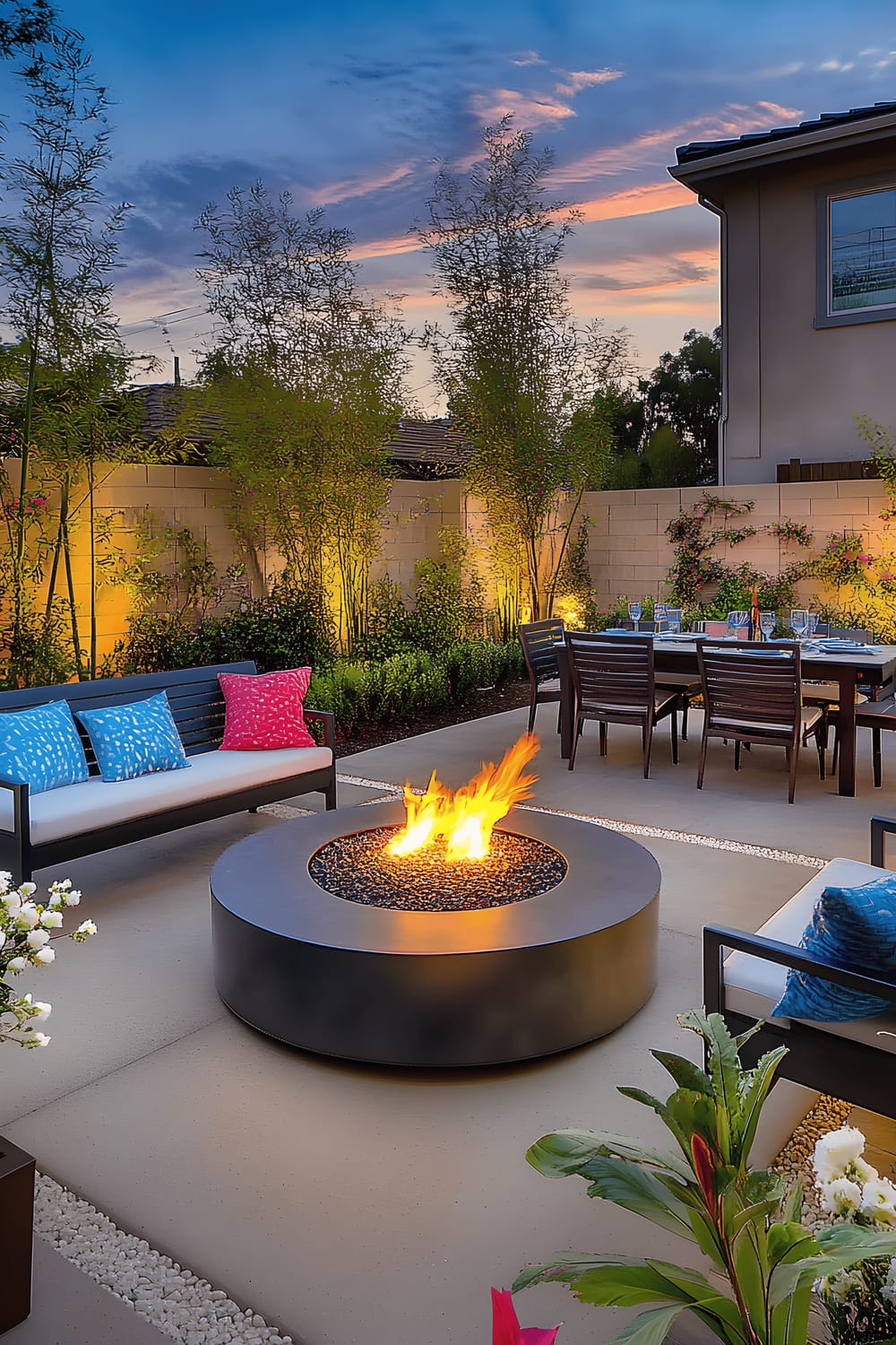 A modern, stylish backyard seen at twilight, featuring a central fire pit surrounded by sleek Adirondack chairs and a bench accentuated with vibrant blue and red pillows. Lush greenery and bamboo, well-lit planters with succulents and vines, and an elegant dining table set against softly lit trees and a privacy wall create a serene and inviting atmosphere. The scene is framed by smooth stone tiles and pebble borders.